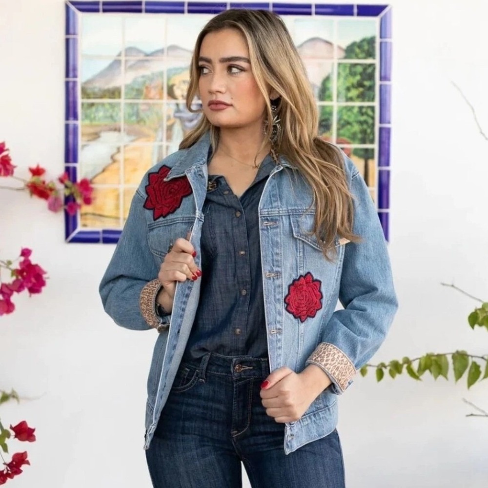 ARIAT Rodeo Quincy Trucker Denim Jacket Western Rose Applique Women's XLarge NEW - Picture 3 of 9